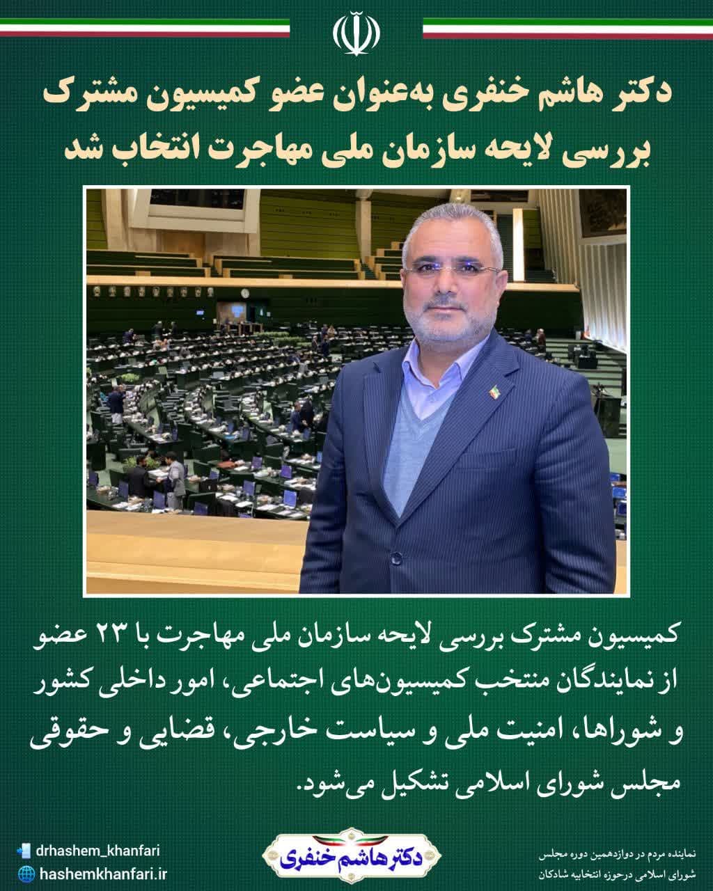 دکتر هاشم خنفری نماینده مردم شریف شادگان در مجلس شورای اسلامی به‌عنوان‌ عضو کمیسیون مشترک بررسی لایحه سازمان ملی مهاجرت انتخاب شد